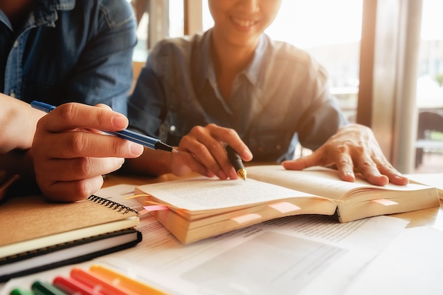 A tutor and student holding pens studying a textbook